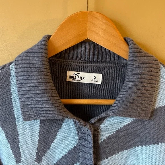 Hollister Cropped Mushroom Floral Sweater Size Small Blue Tan Retro Boho Hippie - Picture 5 of 15